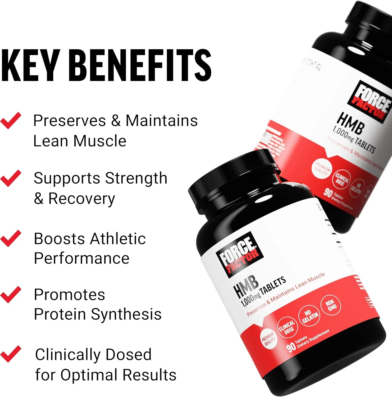 مکمل اچ ام بی فورس فکتور برای حفظ عضلات بدون چربی، پشتیبانی از ریکاوری تمرین و جلوگیری از تجزیه پروتئین عضلانی، دوز بالینی، کیفیت عالی، غیر GMO، 90 قرص