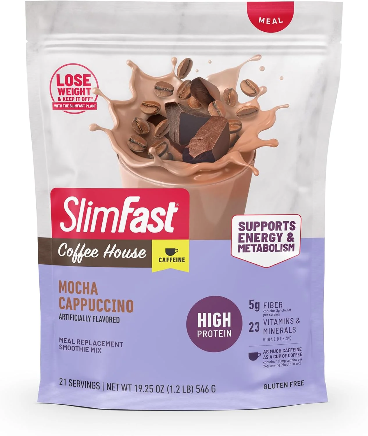 پودر جایگزین غذای پروتئین بالا SlimFast، پودر پروتئین کافئین دار، مخلوط پروتئین انرژی زا، مخلوط ویتامین و مواد معدنی، بدون گلوتن، پودر پروتئین با طعم قهوه، موکا کاپوچینو، 21 سروینگ