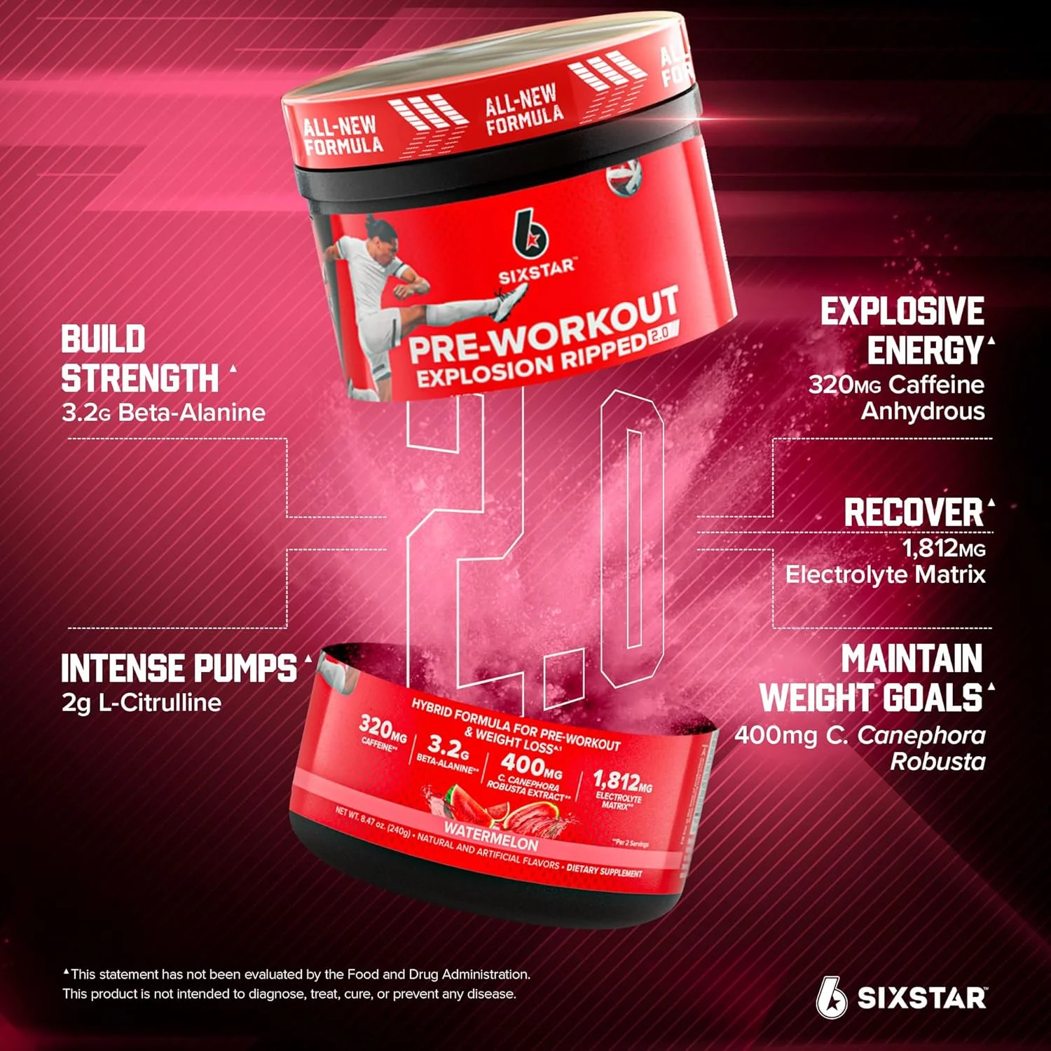 مکمل پودری انرژی زا قبل از تمرین سیکس استار، طعم هندوانه (30 سروینگ) - مکمل قبل از تمرین برای مردان و زنان - مخلوط نوشیدنی قبل از تمرین با کراتین و بتا آلانین - محصولات تغذیه ورزشی