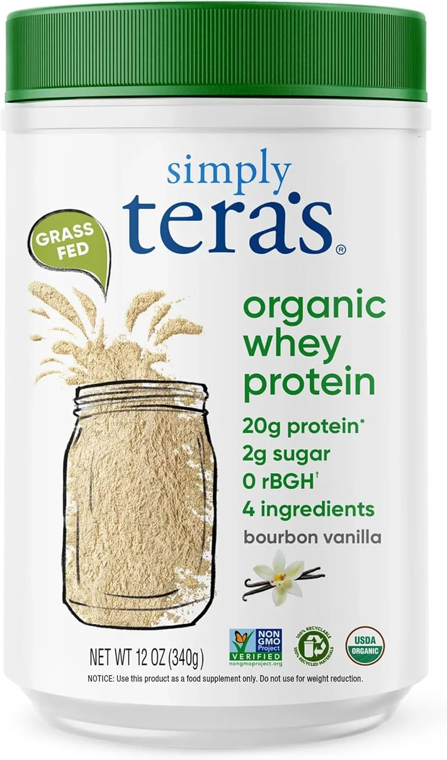 پودر پروتئین وی ارگانیک simply tera's - پودر پروتئین وی وانیلی تهیه شده از شیر گاوهای تغذیه شده با علف، تمیز، بدون شیرین کننده های مصنوعی، غیر تراریخته، کوشر، ارگانیک - 340 گرم