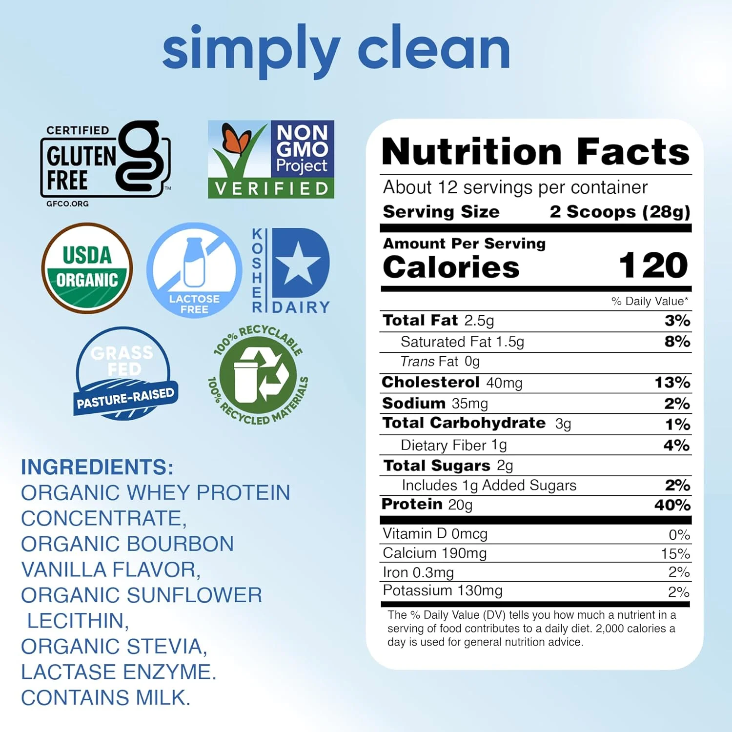 پودر پروتئین وی ارگانیک بدون لاکتوز simply tera's - بدون لاکتوز، وانیلی، 20 گرم پروتئین در هر وعده، غیر GMO، بدون گلوتن، کوشر - 12 اونس