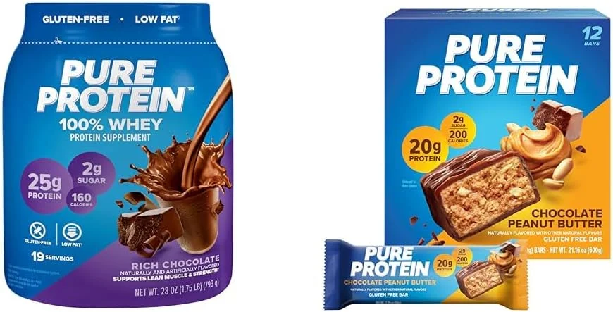 پودر پروتئین وی خالص با 25 گرم پروتئین، 1.75 پوند + بارهای پروتئینی با 20 گرم پروتئین، 12 عدد طعم کره بادام زمینی شکلاتی