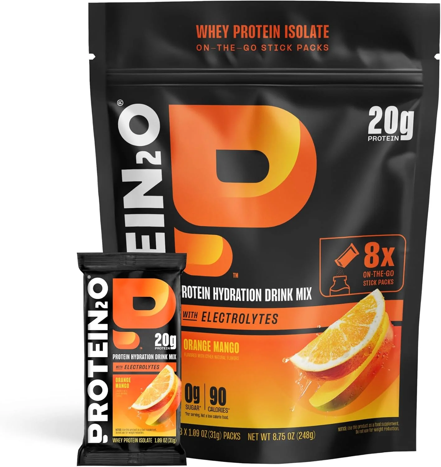 پودر پروتئین وی ایزوله Protein2o، حاوی 20 گرم پروتئین، 370 میلی گرم الکترولیت، ویتامین های B5 و B6، بدون شکر، طعم انبه پرتقالی، بسته 8 عددی