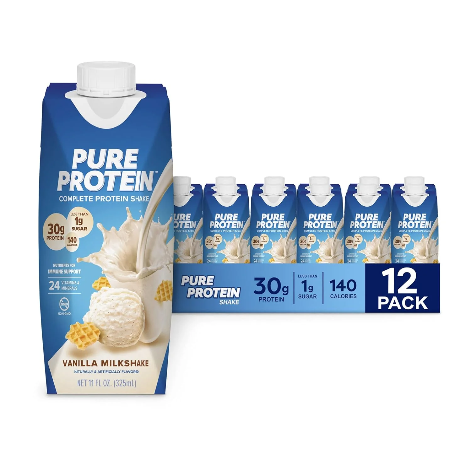 نوشیدنی پروتئینی با طعم وانیل Pure Protein، حاوی 30 گرم پروتئین کامل، ویتامین های A، C، D و E به همراه زینک برای پشتیبانی از سلامت سیستم ایمنی، آماده نوشیدن و مناسب برای رژیم کتو، بطری 330 میلی لیتری، بسته 12 عددی