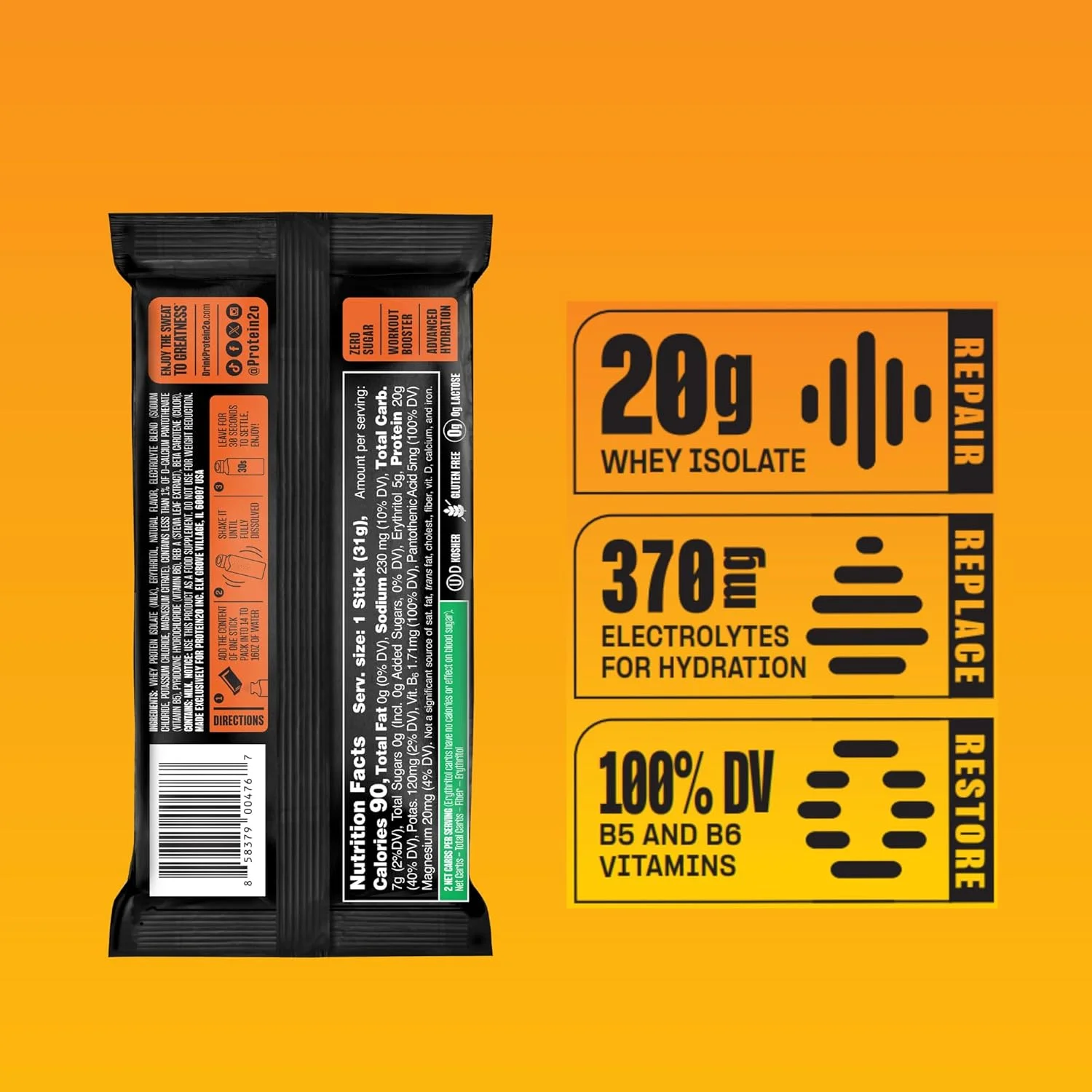 پودر پروتئین وی ایزوله Protein2o، حاوی 20 گرم پروتئین، 370 میلی گرم الکترولیت، ویتامین های B5 و B6، بدون شکر، طعم انبه پرتقالی، بسته 8 عددی