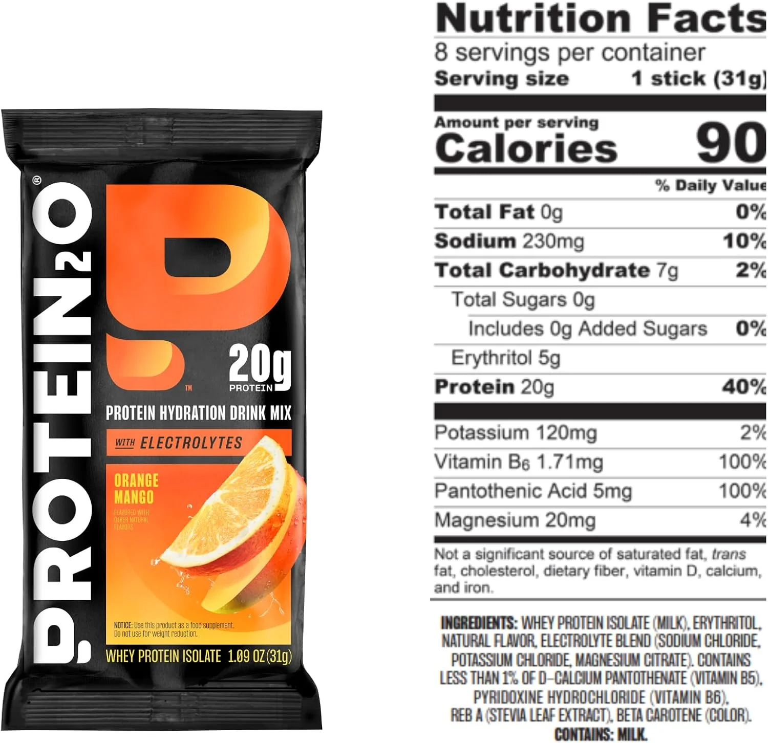 پودر پروتئین وی ایزوله Protein2o، حاوی 20 گرم پروتئین، 370 میلی گرم الکترولیت، ویتامین های B5 و B6، بدون شکر، طعم انبه پرتقالی، بسته 8 عددی