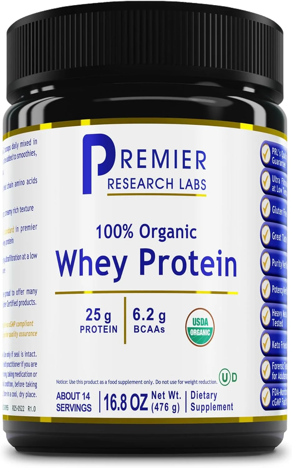 پودر پروتئین وی ارگانیک بدون طعم Premier Research Labs - کنسانتره وی خالص و تمیز، مناسب برای کتو، تغذیه طبیعی، 25 گرم پروتئین، به راحتی مخلوط می شود، فیلتر شده با حرارت کم - 476 گرم