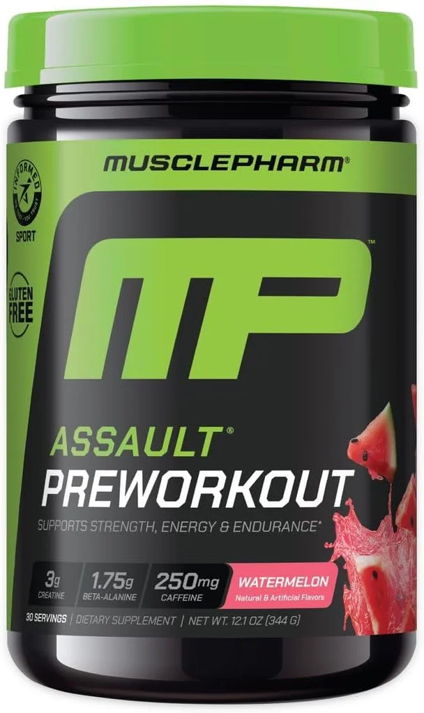 پودر پیش تمرین Muscle Pharm Assault برای مردان و زنان - مکمل های پیش تمرین افزایش دهنده انرژی و قدرت با بتا آلانین، کافئین، کراتین و بتائین بی آب - 30 سروینگ، طعم هندوانه