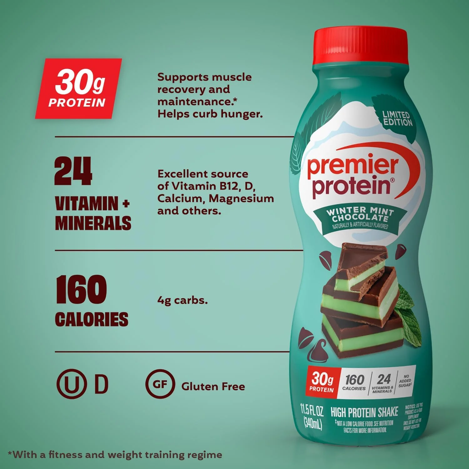 نوشیدنی پروتئینی پریمیر، نسخه محدود، شکلات نعناع زمستانی، 30 گرم پروتئین، بدون شکر افزوده، 24 ویتامین و مواد معدنی برای حمایت از سلامت سیستم ایمنی، 340 میلی لیتر، بسته 12 عددی