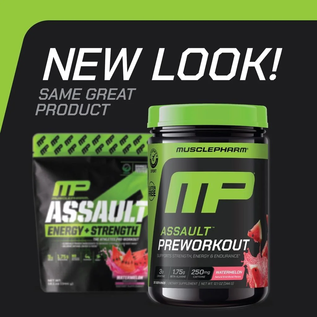 پودر پیش تمرین Muscle Pharm Assault برای مردان و زنان - مکمل های پیش تمرین افزایش دهنده انرژی و قدرت با بتا آلانین، کافئین، کراتین و بتائین بی آب - 30 سروینگ، طعم هندوانه