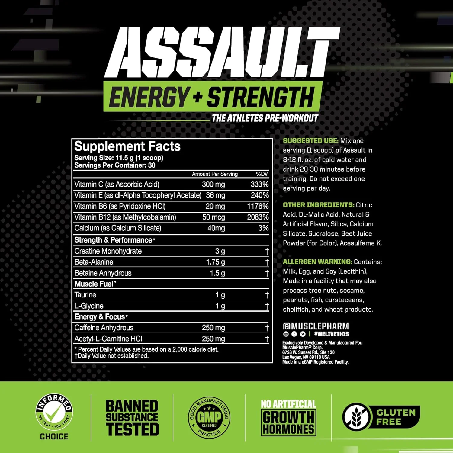 پودر پیش تمرین Muscle Pharm Assault برای مردان و زنان - مکمل های پیش تمرین افزایش دهنده انرژی و قدرت با بتا آلانین، کافئین، کراتین و بتائین بی آب - 30 سروینگ، طعم هندوانه