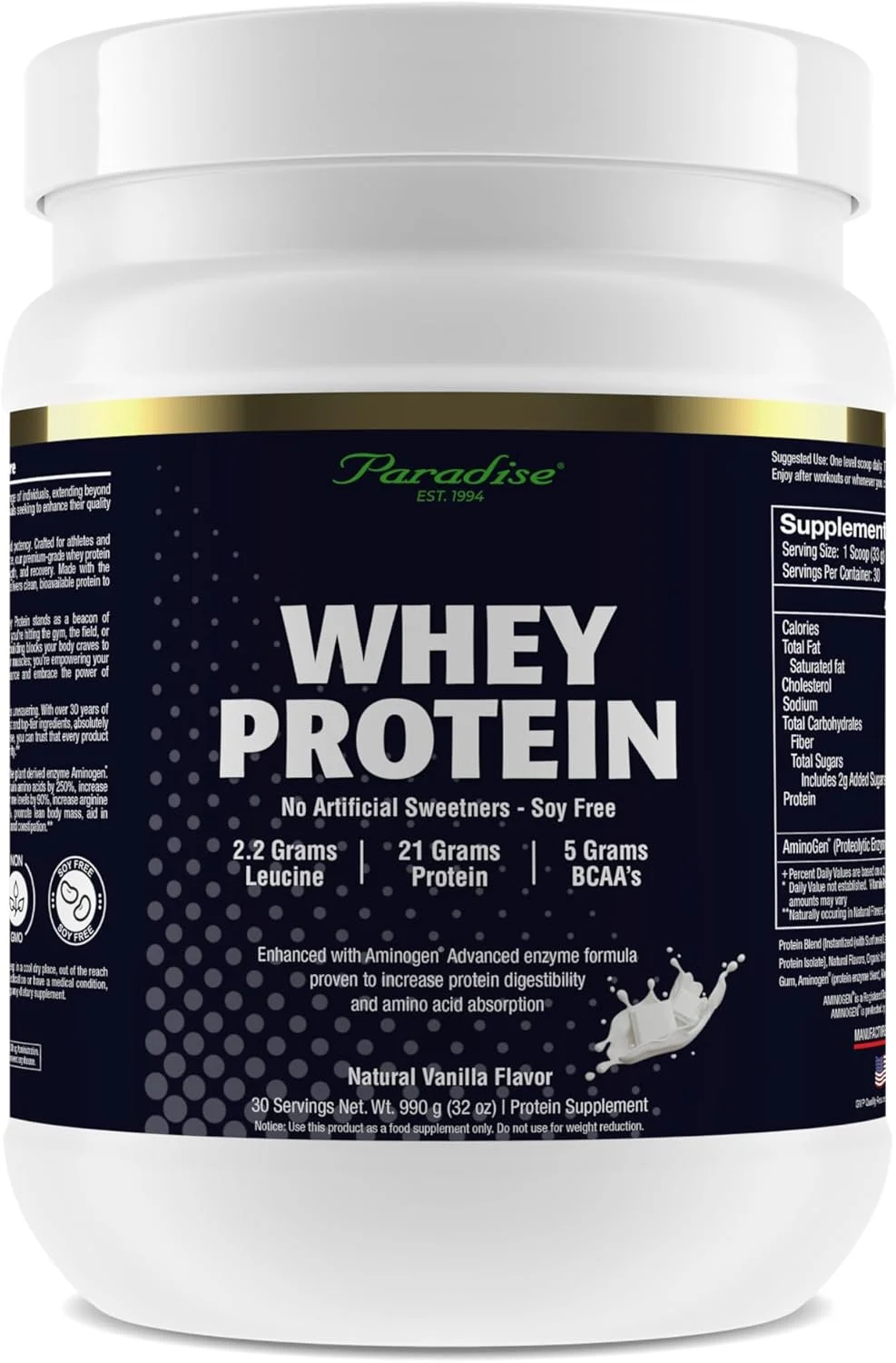 پودر پروتئین وی 100% گیاهان بهشتی، وانیلی، 21 گرم پروتئین، 5.5 گرم BCAA، 2.2 گرم ال-لوسین، 210 میلی گرم آمینوژن، 30 سروینگ