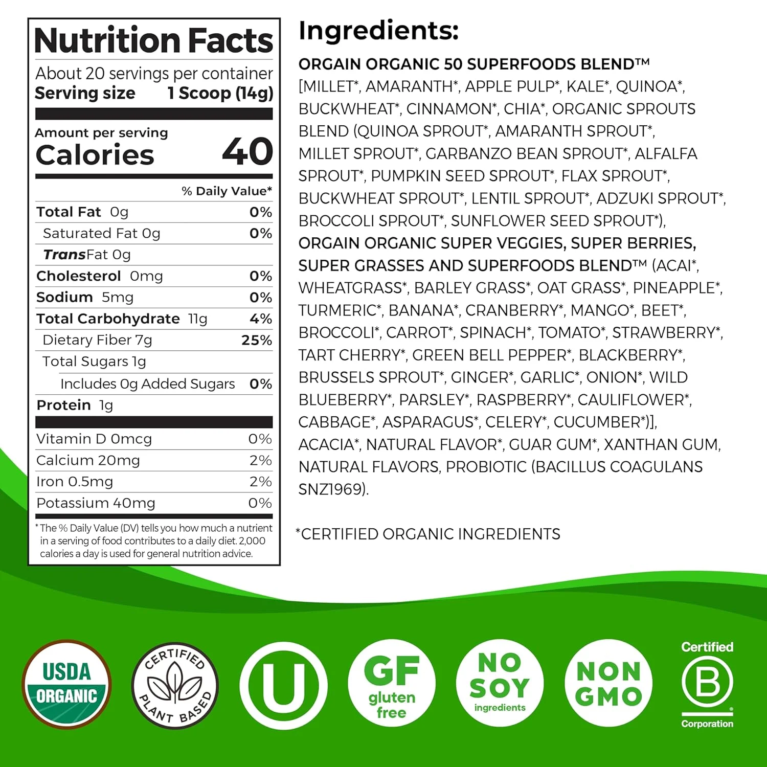 پودر سبزیجات ارگانیک اورگین + 50 سوپرفود، اورجینال - 1 میلیارد پروبیوتیک برای سلامت دستگاه گوارش، آنتی اکسیدان ها، وگان، گیاهی، بدون گلوتن، غیر GMO، مخلوط نوشیدنی آبمیوه و اسموتی سبز - 0.62 پوند