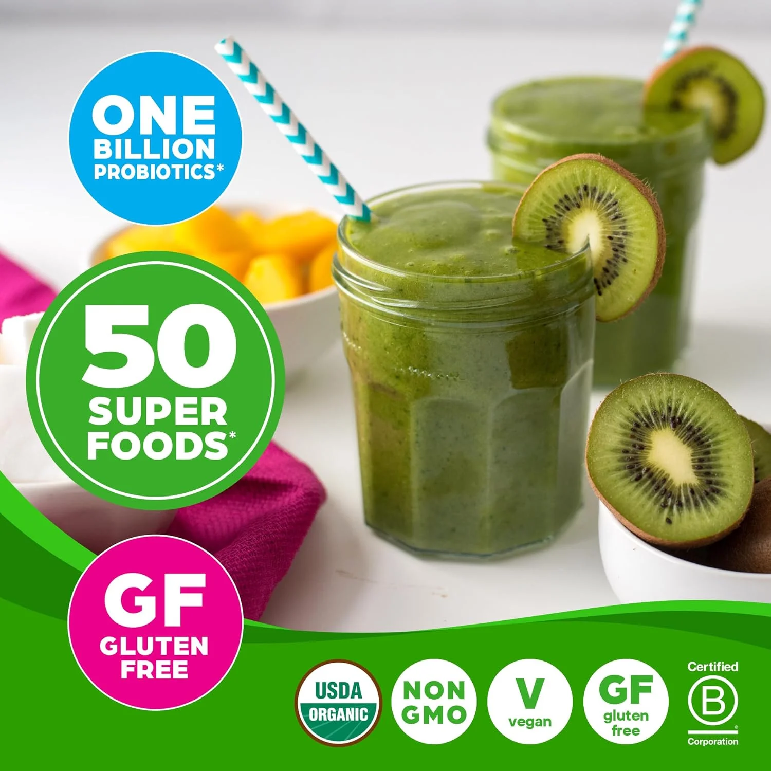 پودر سبزیجات ارگانیک اورگین + 50 سوپرفود، اورجینال - 1 میلیارد پروبیوتیک برای سلامت دستگاه گوارش، آنتی اکسیدان ها، وگان، گیاهی، بدون گلوتن، غیر GMO، مخلوط نوشیدنی آبمیوه و اسموتی سبز - 0.62 پوند