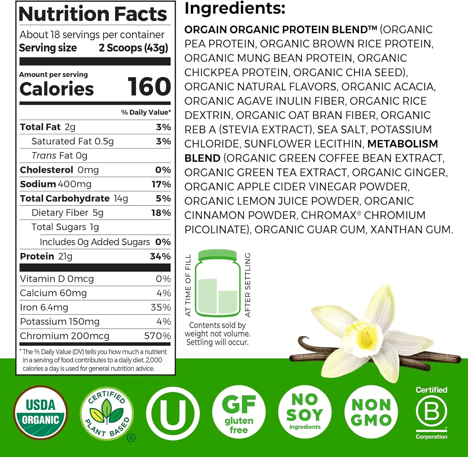 پودر مخلوط پروتئین ارگانیک + متابولیسم ارگین، وانیل - 21 گرم پروتئین گیاهی، 5 گرم فیبر پری‌بیوتیک، بدون لاکتوز، کم شکر، غیر تراریخته، برای شیک‌ها و اسموتی‌ها، 775 گرم