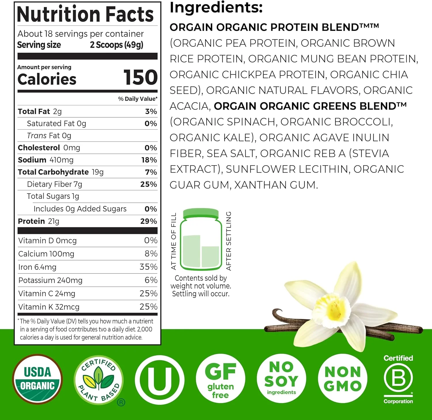 پودر پروتئین گیاهی ارگانیک اورگین + سبزیجات، وانیلی - 21 گرم پروتئین گیاهی، بدون گلوتن، بدون لبنیات، بدون لاکتوز، بدون سویا، بدون شکر افزوده، حاوی آهن و پری‌بیوتیک برای سلامت روده - 880 گرم
