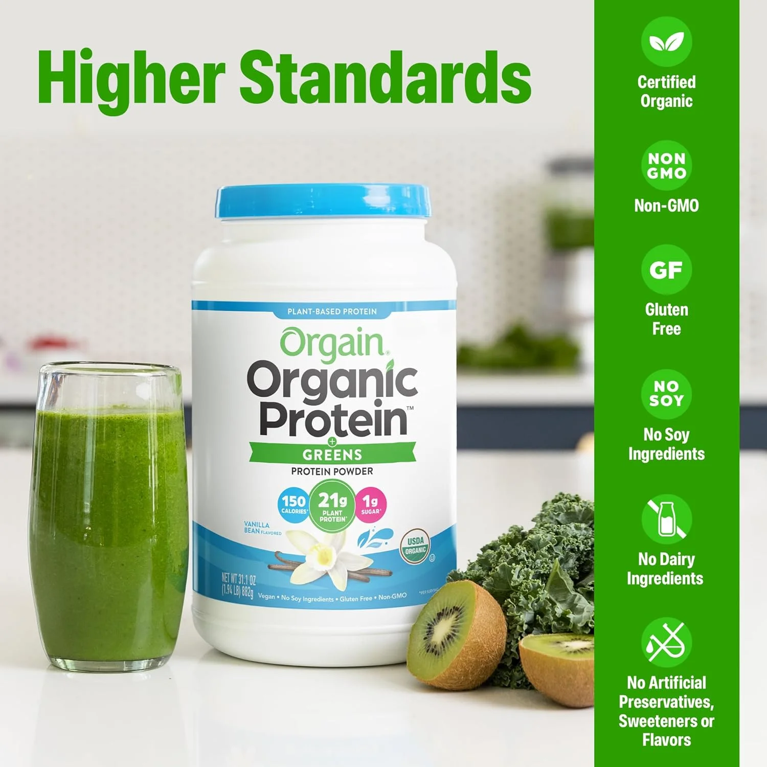 پودر پروتئین گیاهی ارگانیک اورگین + سبزیجات، وانیلی - 21 گرم پروتئین گیاهی، بدون گلوتن، بدون لبنیات، بدون لاکتوز، بدون سویا، بدون شکر افزوده، حاوی آهن و پری‌بیوتیک برای سلامت روده - 880 گرم