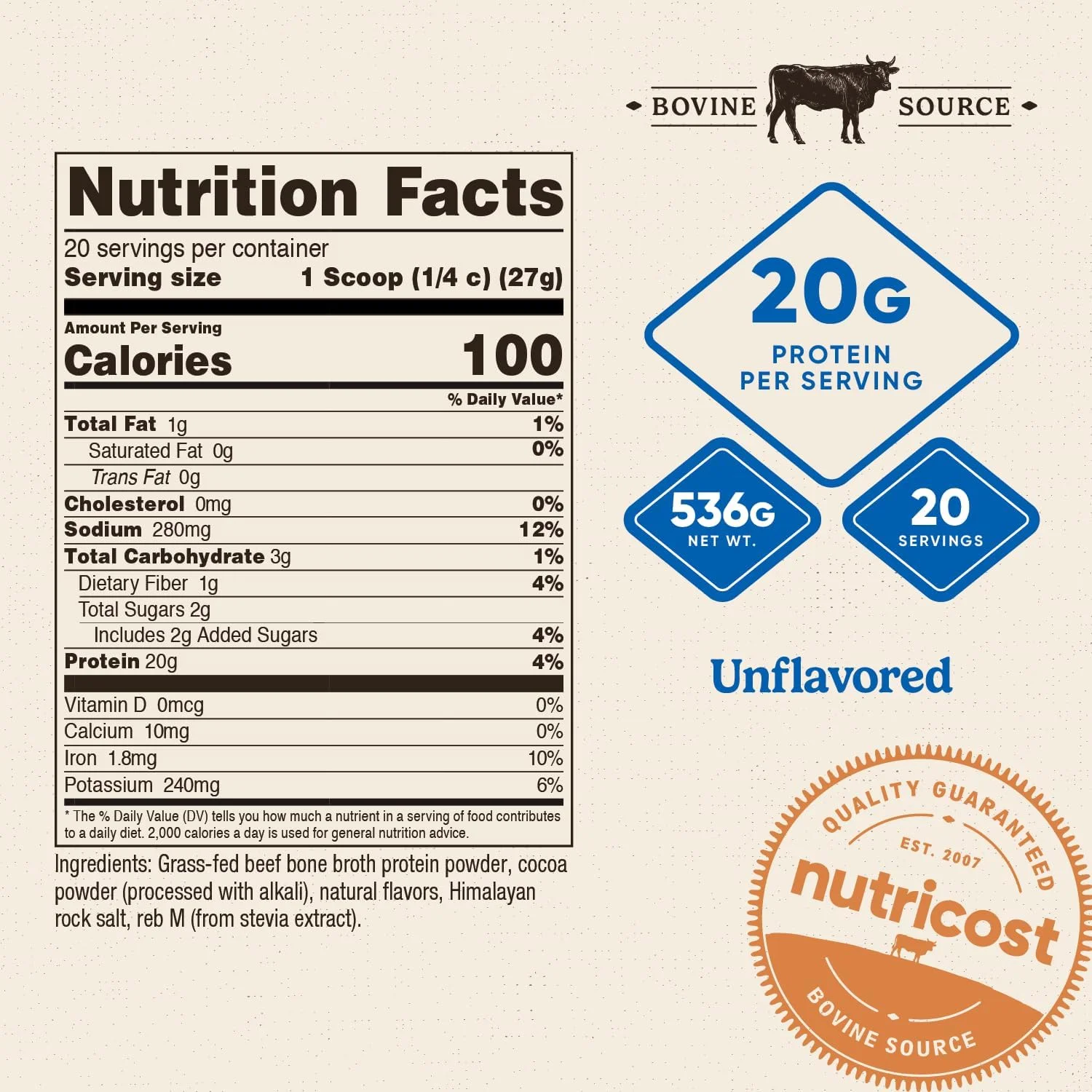 پودر پروتئین آب قلم گاو شکلاتی نوتری‌کاست (20 سروینگ) - بدون گلوتن، بدون GMO