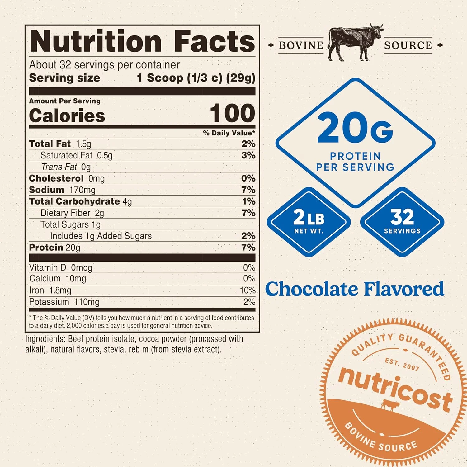 پودر پروتئین ایزوله گوشت گاو نوتری‌کاست شکلاتی (907 گرم) - 20 گرم پروتئین در هر وعده، بدون GMO و بدون گلوتن