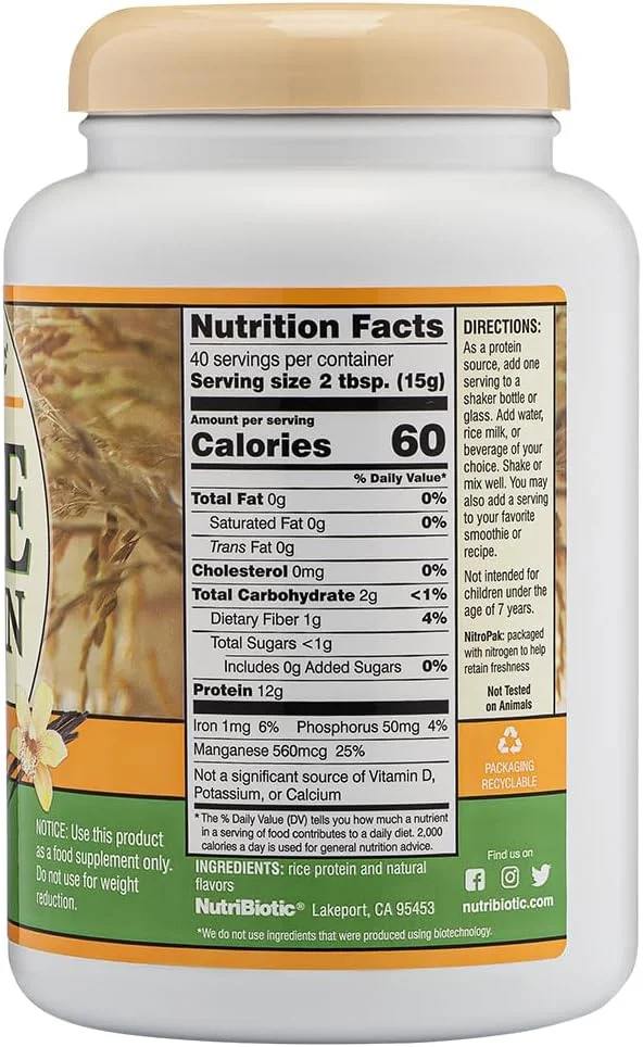 NutriBiotic - پروتئین برنج وانیلی، 600 گرم | کم کربوهیدرات، مناسب کتو، وگان، پودر پروتئین خام | کشت و فرآوری شده بدون مواد شیمیایی، GMO یا گلوتن | هضم آسان و غنی از مواد مغذی