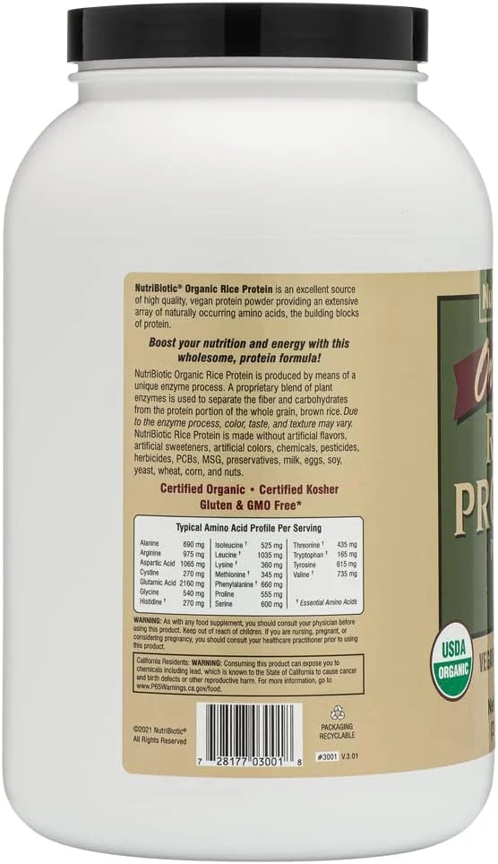 پروتئین برنج ارگانیک ساده NutriBiotic، 1.36 کیلوگرم | پودر پروتئین وگان کم کربوهیدرات | خام، دارای گواهی کوشر و مناسب برای کتو | ساخته شده بدون مواد شیمیایی، GMO و گلوتن | هضم آسان