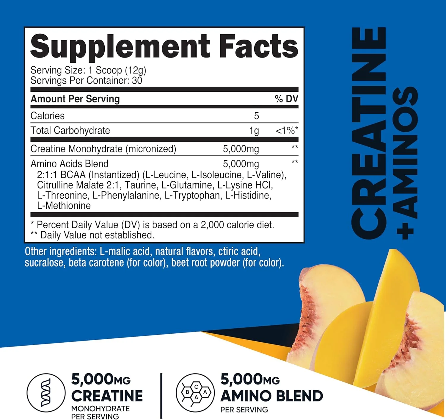 کراتین + آمینو نوتری‌کاست، 30 سروینگ با طعم انبه هلو - 5000 میلی‌گرم کراتین مونوهیدرات + 5000 میلی‌گرم ترکیب آمینو BCAA در هر سروینگ