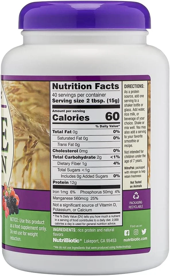 ناتری‌بیوتیک - پروتئین برنج با طعم میکس بری، ۴۵۳ گرم | کم کربوهیدرات، مناسب کتو، وگان، پودر پروتئین خام | کشت و فرآوری شده بدون مواد شیمیایی، GMO یا گلوتن | هضم آسان و غنی از مواد مغذی