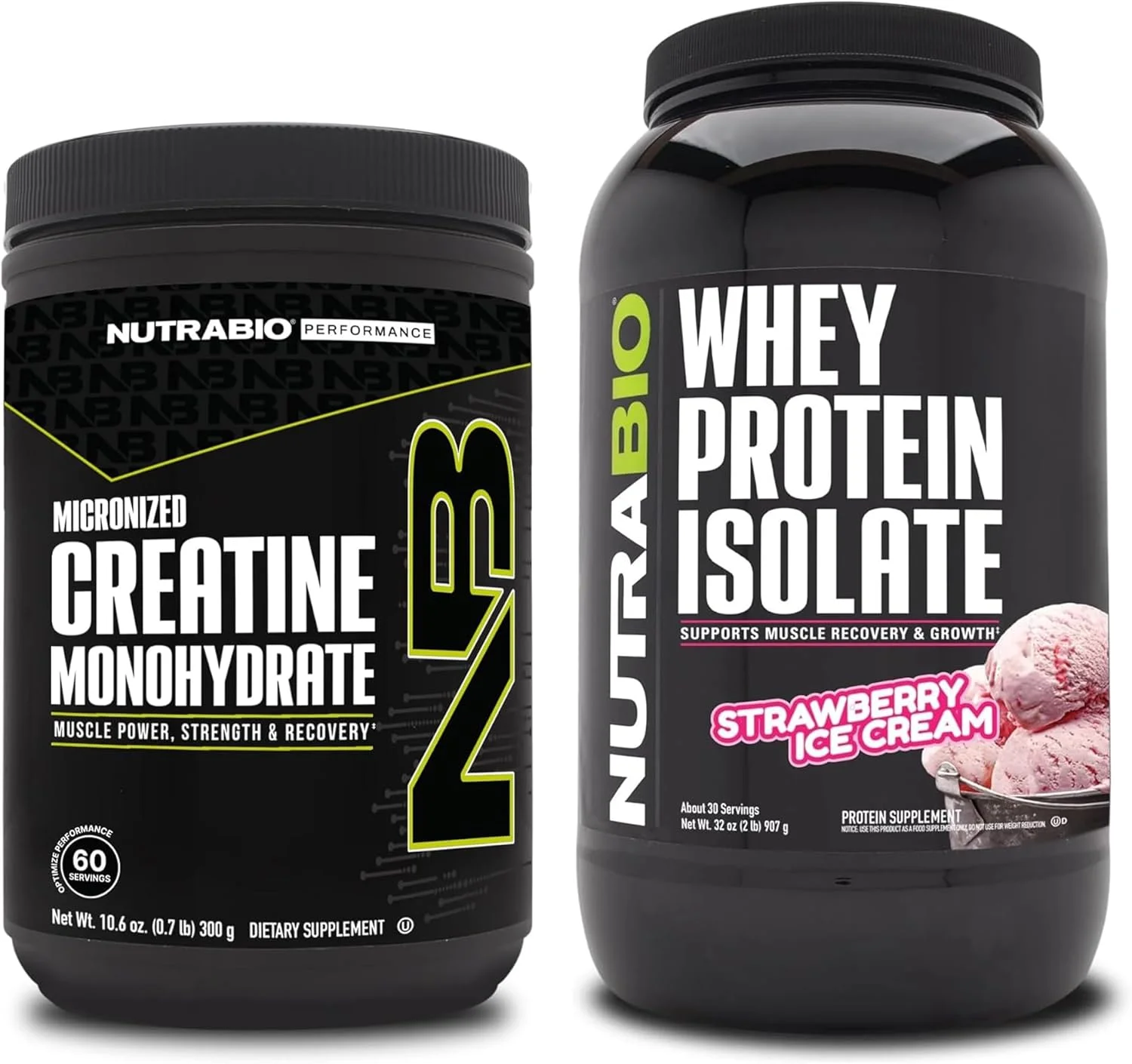 کراتین مونوهیدرات نوتراBio، بدون طعم، 300 گرم و پروتئین وی ایزوله، بستنی توت فرنگی، مجموعه مکمل - انرژی عضلانی، رشد عضلات بدون چربی، ریکاوری و قدرت