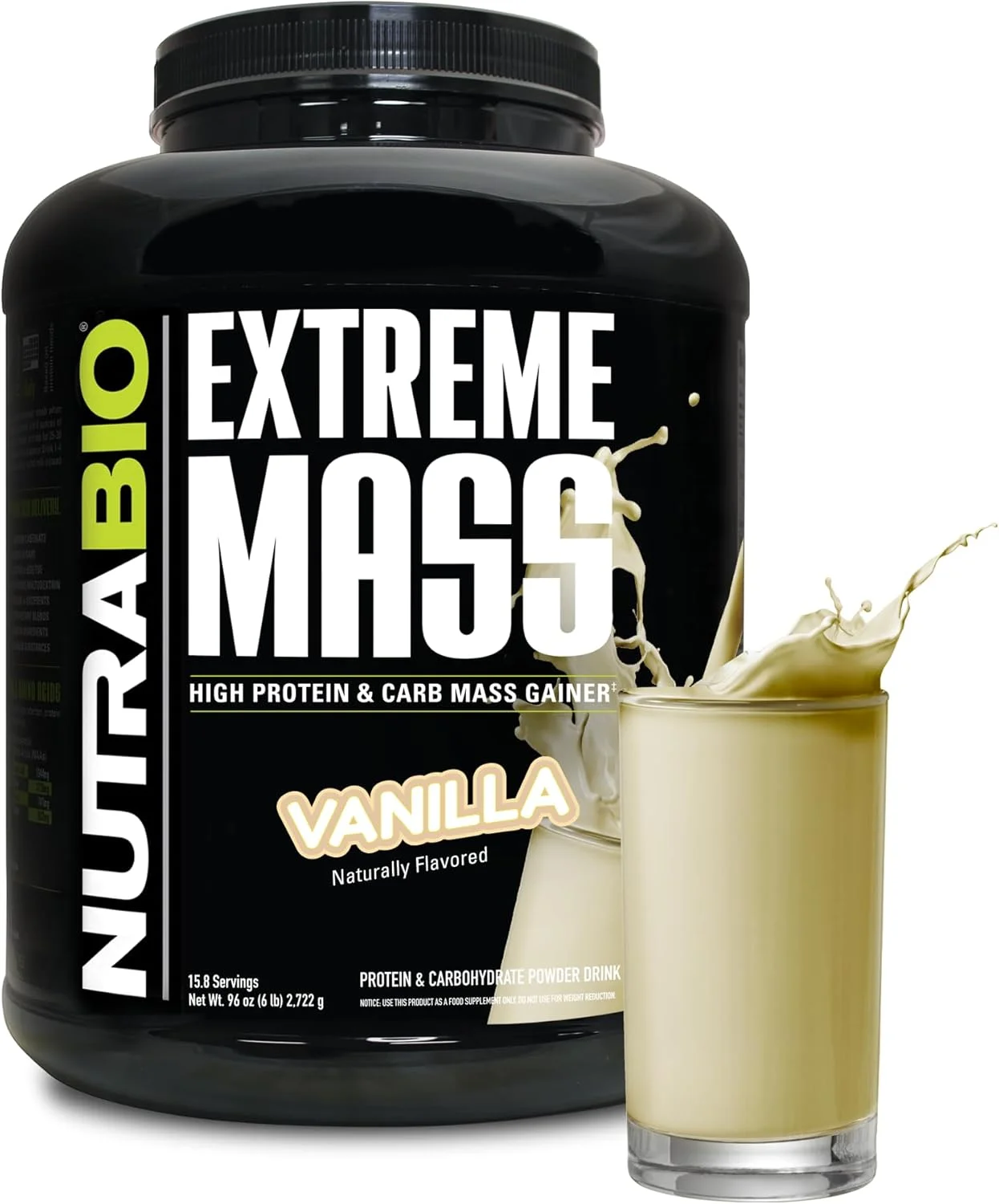 پودر پروتئین افزایش وزن نوتراBio Extreme Mass، 53 گرم پروتئین، افزایش دهنده وزن، افزایش توده عضلانی، طیف کامل اسید آمینه - وانیلی، 6 پوند