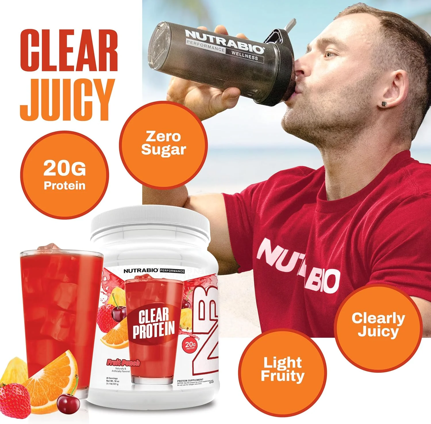 پودر پروتئین شفاف نوتراBio، پانچ میوه - 20 سروینگ، 20 گرم پروتئین وی ایزوله شفاف، 0 گرم شکر، 0 گرم لاکتوز، طعم های میوه ای با طراوت، پشتیبانی GLP1 - سلامت استخوان - ریکاوری عضلات بعد از تمرین