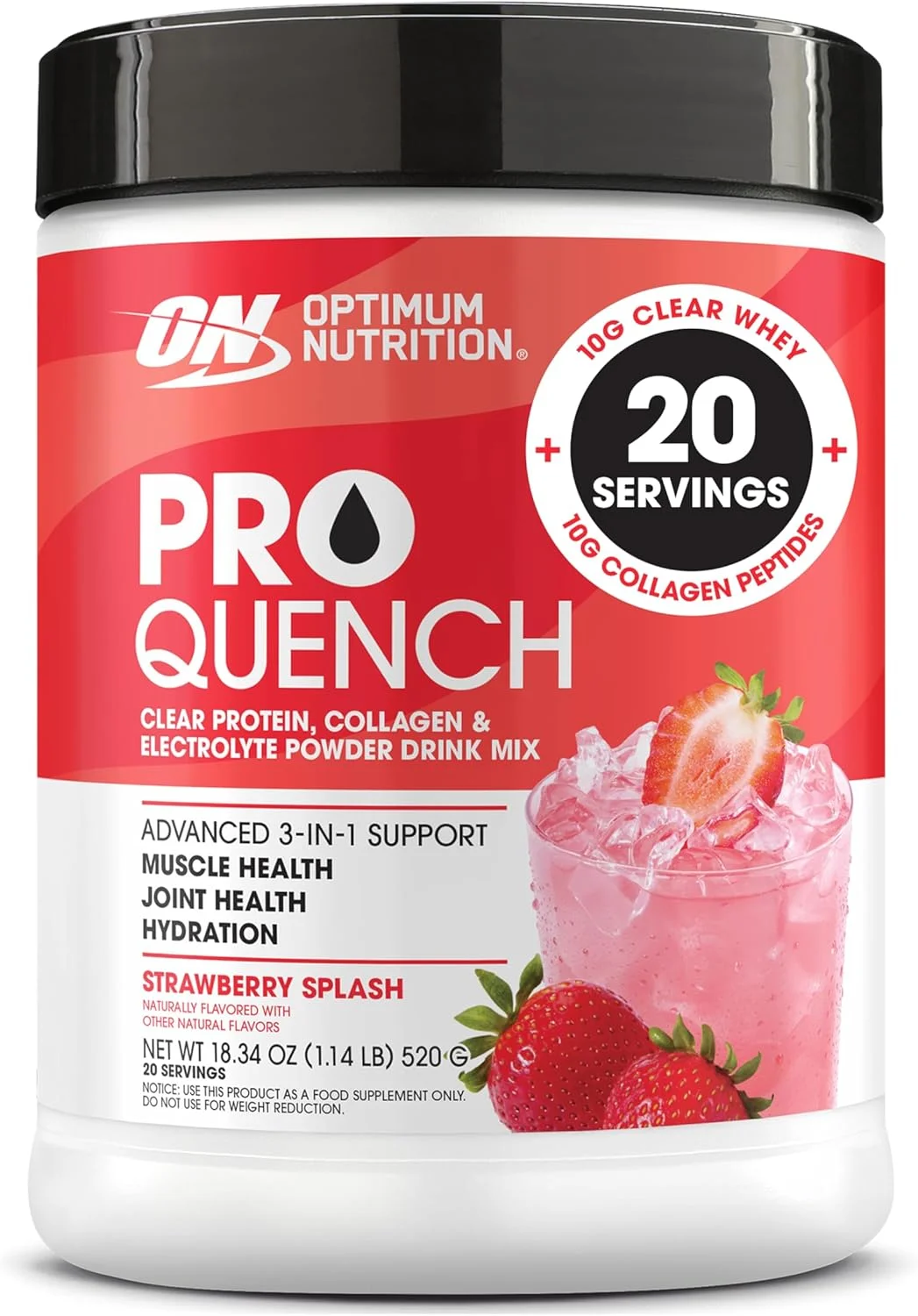 نوشیدنی پودری مخلوط پروتئین شفاف، پپتیدهای کلاژن و الکترولیت Optimum Nutrition Pro Quench، توت فرنگی، 20 سروینگ، 520 گرم (بسته بندی ممکن است متفاوت باشد)