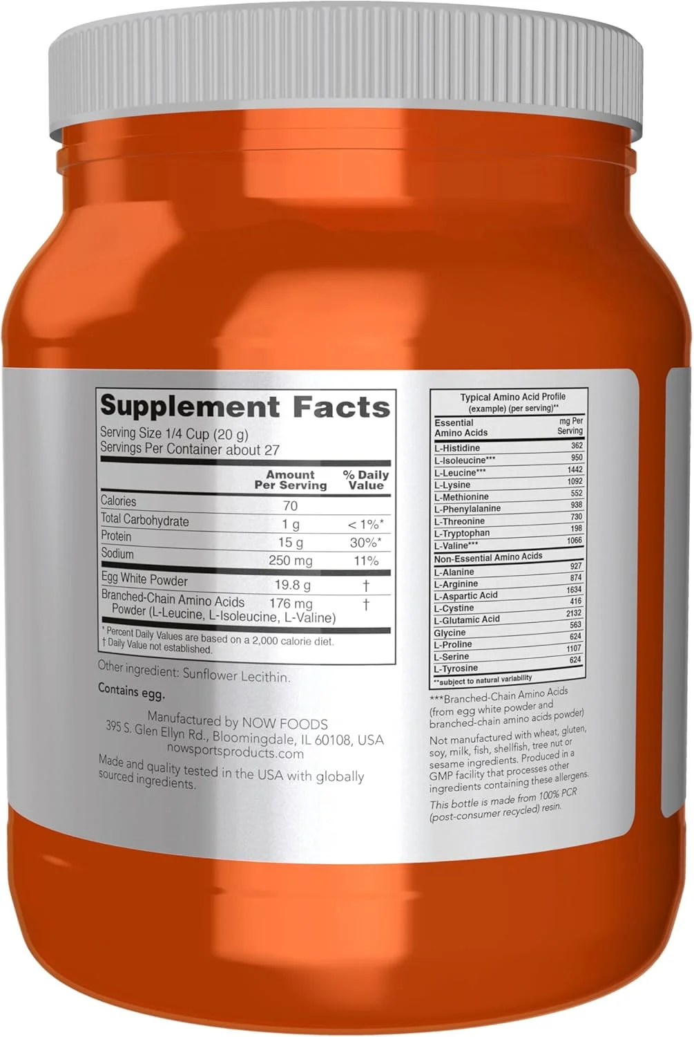 پروتئین سفیده تخم مرغ ورزشی ناو فودز، 16 گرم پروتئین به همراه آمینو اسیدهای شاخه دار، پودر بدون طعم، 544 گرم