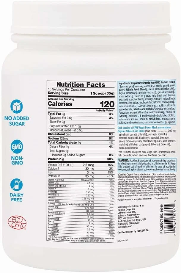 پروتئین VPM Natures Plus، بدون طعم - 526 گرم - حاوی پروتئین کینوا، نخود و نارگیل - ارگانیک، گیاهی، بدون سویا و گلوتن - 15 سروینگ