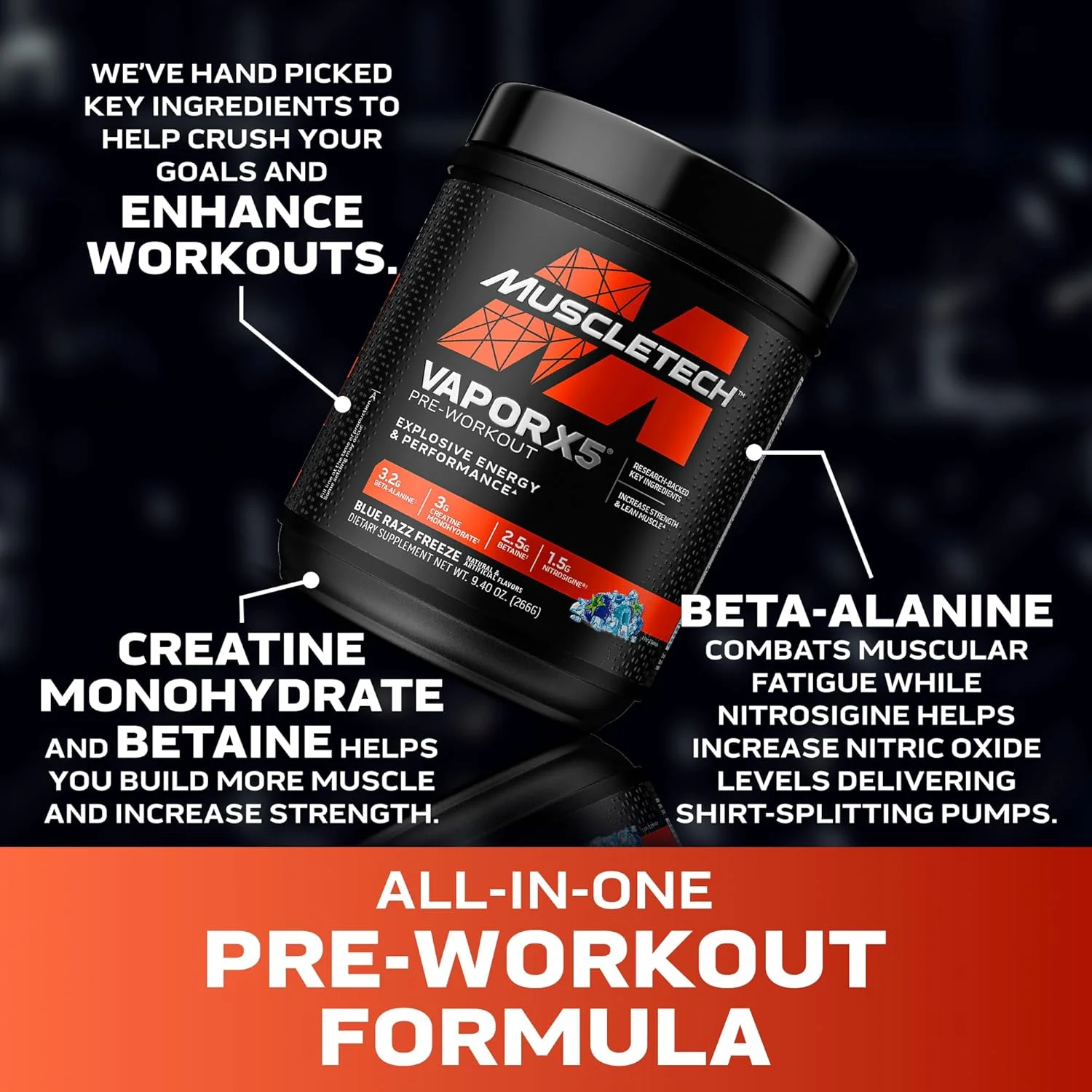 پودر قبل از تمرین ماسل تک، Vapor X5 - مکمل های عضله سازی تغذیه ورزشی برای زنان و مردان - نوشیدنی پودری انرژی زا با پمپ عضلانی شدید - تمشک آبی یخی، 266 گرم (30 سروینگ)