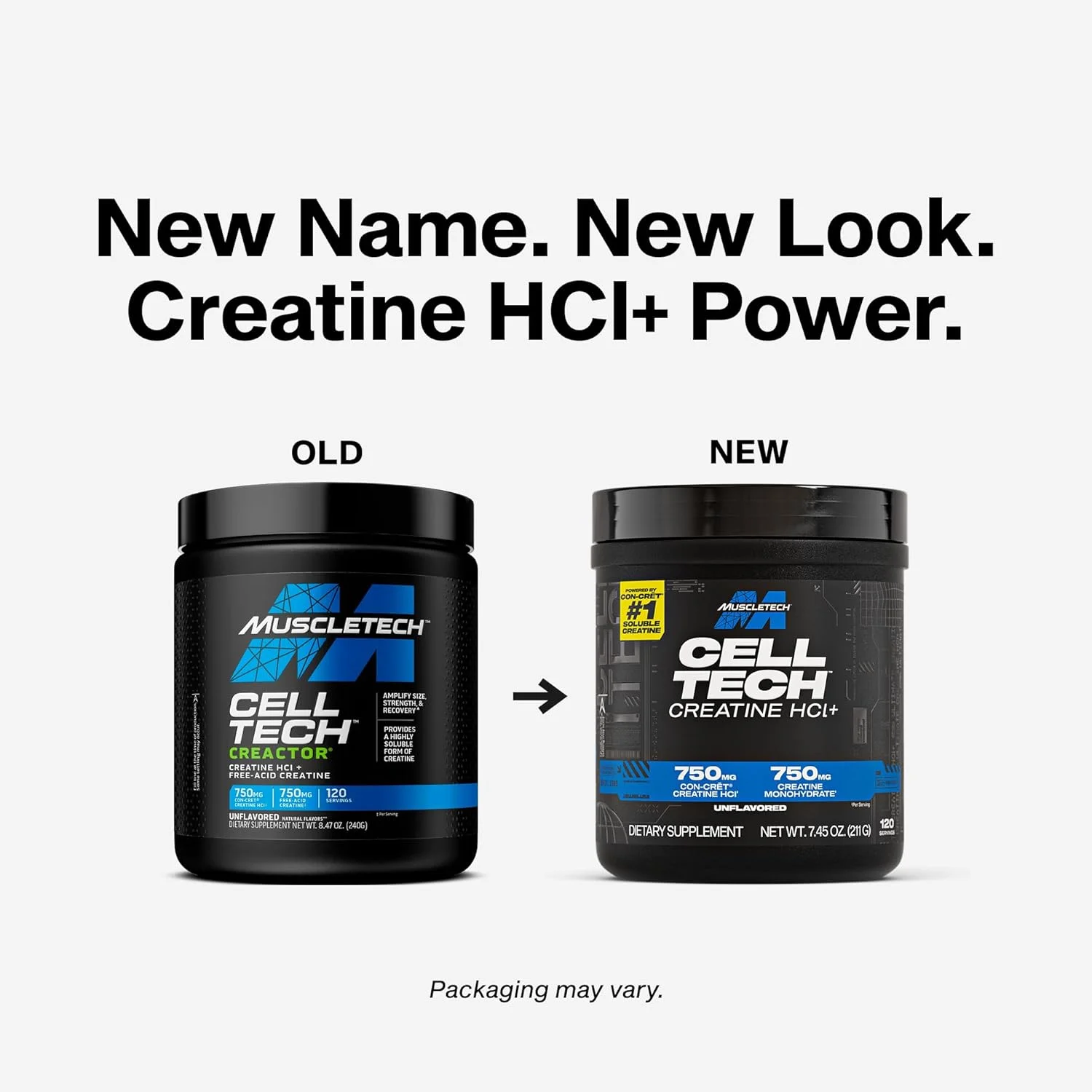 پودر کراتین هیدروکلراید MuscleTech Cell-Tech Creactor، عضله ساز بعد از تمرین برای مردان و زنان، کراتین هیدروکلراید + اسید آزاد، بدون طعم (120 سروینگ)، 240 گرم