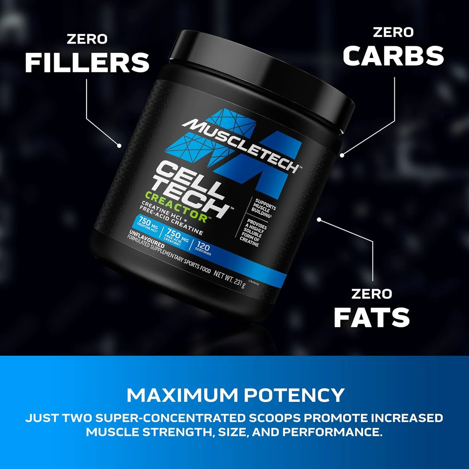 پودر کراتین هیدروکلراید MuscleTech Cell-Tech Creactor، عضله ساز بعد از تمرین برای مردان و زنان، کراتین هیدروکلراید + اسید آزاد، بدون طعم (120 سروینگ)، 240 گرم