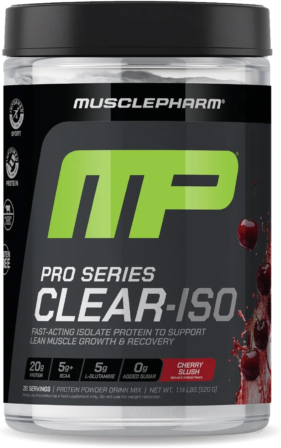 پودر پروتئین شفاف MusclePharm Pro Series Clear-ISO، 20 گرم پروتئین وی ایزوله سریع الاثر در هر وعده به همراه BCAA و ال-گلوتامین | ریکاوری و رشد عضلات حرفه ای | طعم شربت گیلاس، 517 گرم، 20 سروینگ