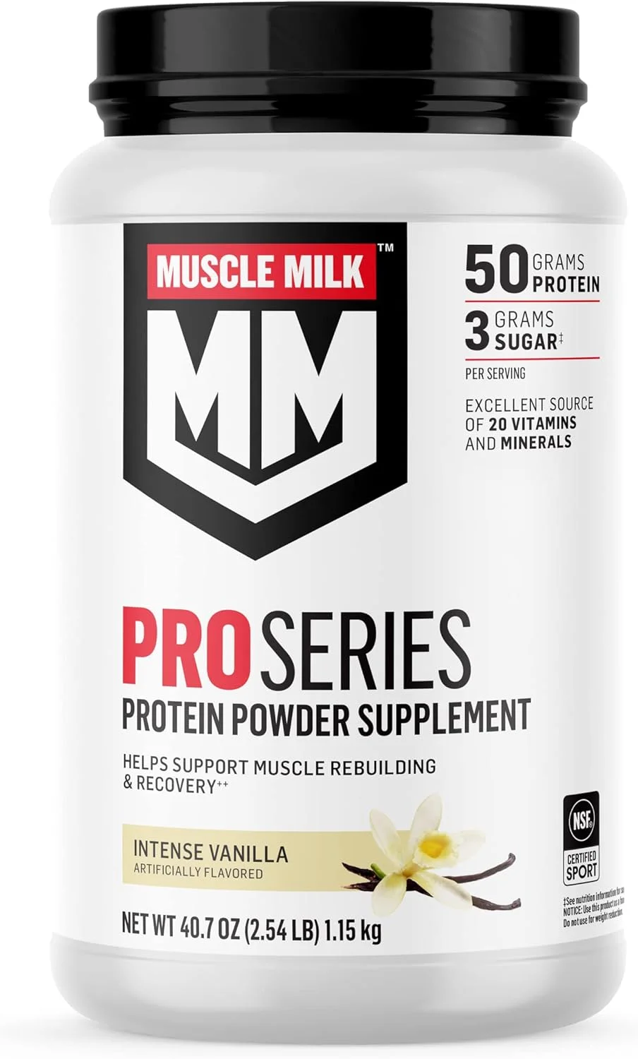 پودر پروتئین سری حرفه ای Muscle Milk، وانیل غلیظ، 1.15 کیلوگرم، 14 سروینگ، 50 گرم پروتئین، 3 گرم شکر، 20 ویتامین و مواد معدنی، دارای گواهی NSF برای ورزش، ریکاوری تمرین، بسته بندی ممکن است متفاوت باشد