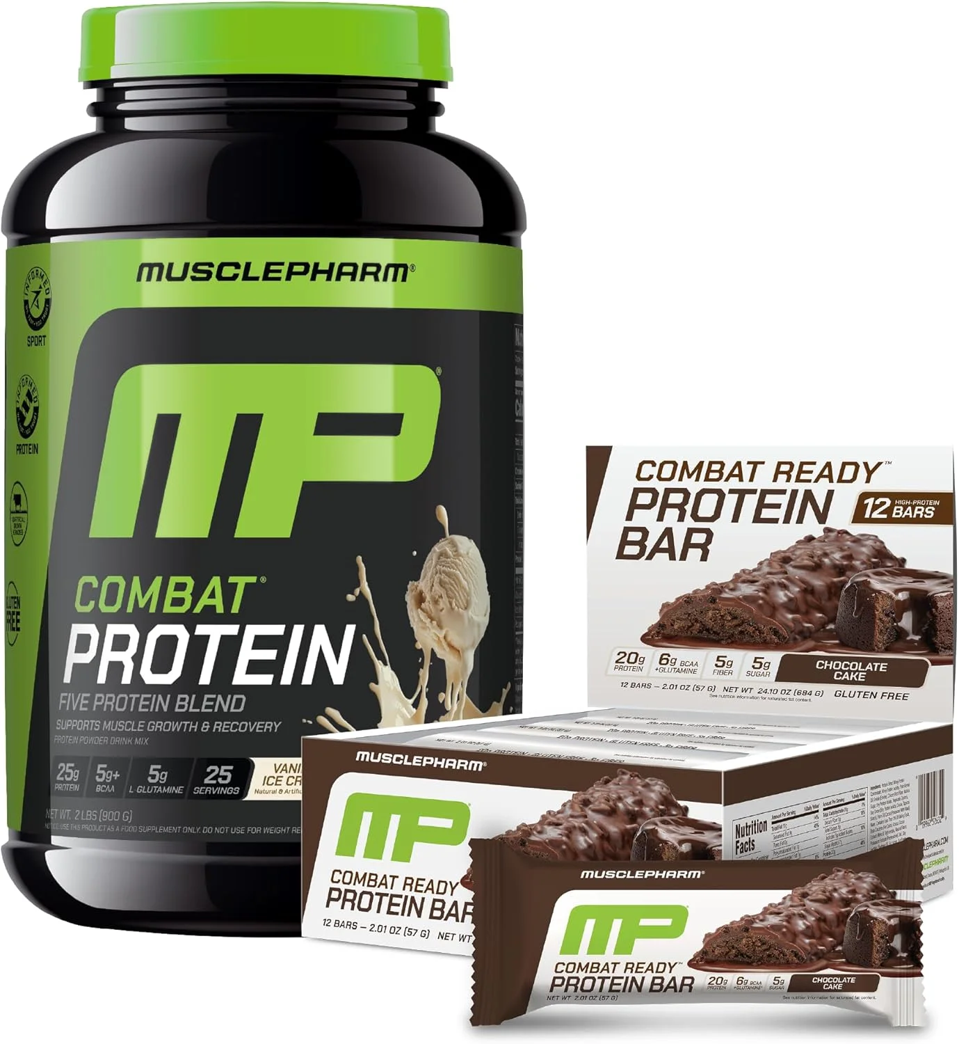 پروتئین کامبت ماسل فارم 2 پوندی وانیلی و بارهای ورزشی کامبت با طعم کیک شکلاتی