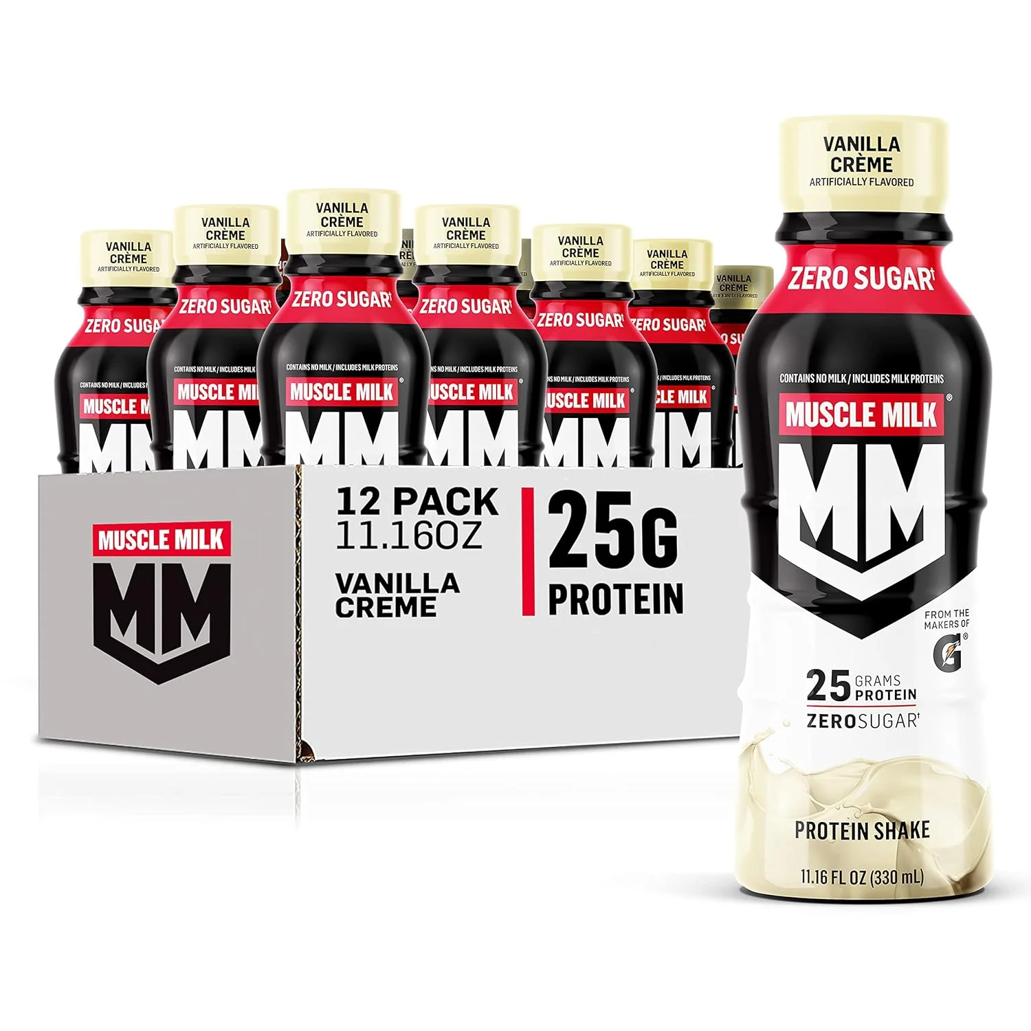 نوشیدنی پروتئینی Muscle Milk Genuine، کرم وانیلی، بطری 330 میلی لیتری، بسته 12 عددی، 25 گرم پروتئین، بدون شکر، کلسیم، ویتامین های A، C و D، 5 گرم فیبر، میان وعده انرژی زا، ریکاوری بعد از تمرین، بسته بندی ممکن است متفاوت باشد