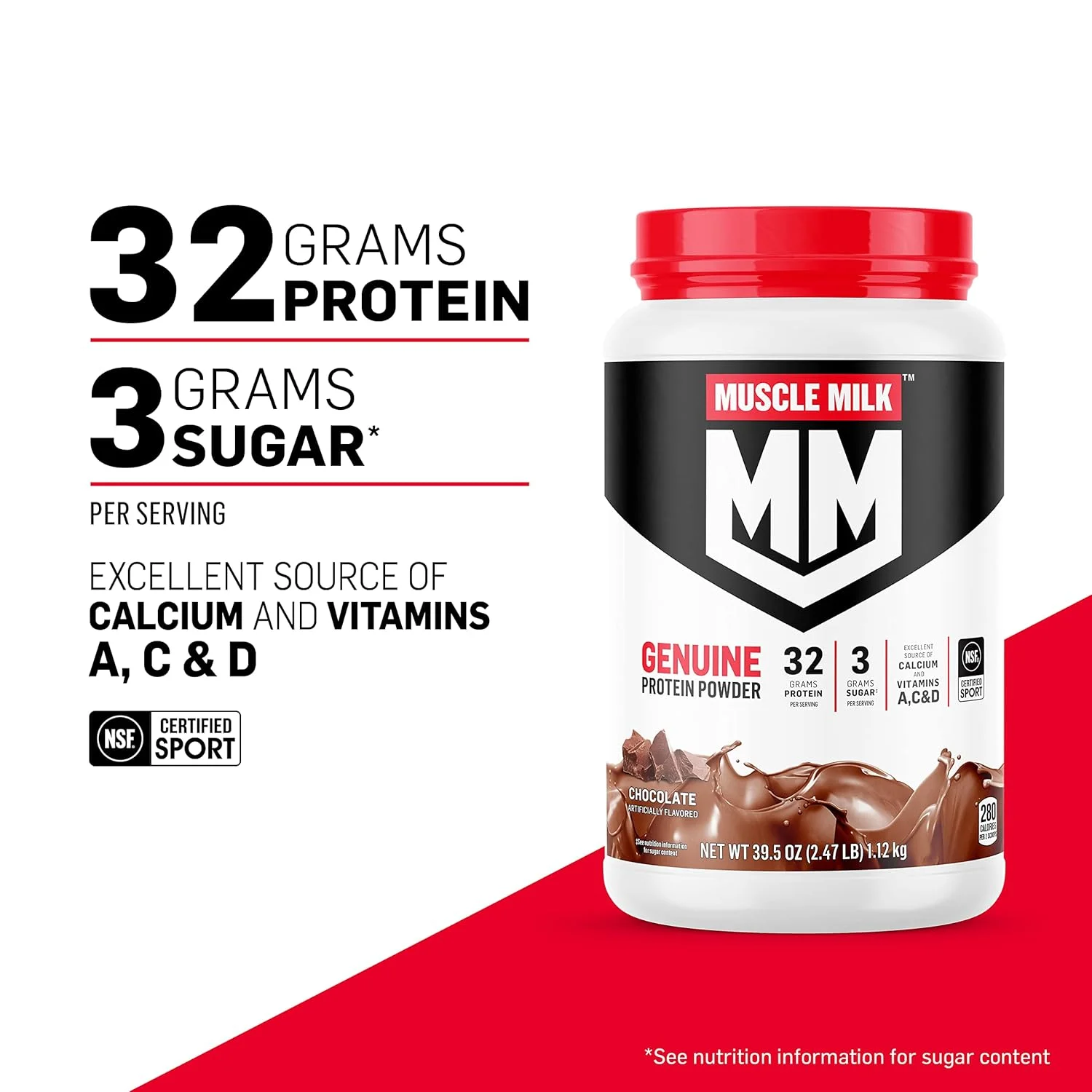 پودر پروتئین Muscle Milk Genuine، کرم وانیلی، 1.12 کیلوگرم، 16 سروینگ، 32 گرم پروتئین، 2 گرم شکر، کلسیم، ویتامین های A، C و D، دارای گواهی NSF برای ورزش، میان وعده انرژی زا، بسته بندی ممکن است متفاوت باشد