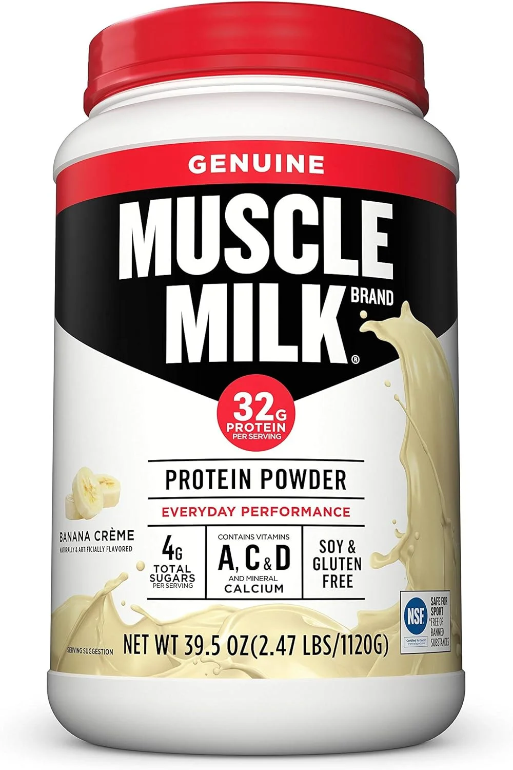 پودر پروتئین اصیل Muscle Milk، کرم موز، 1.12 کیلوگرم، 16 سروینگ، 32 گرم پروتئین، 2 گرم شکر، کلسیم، ویتامین های A، C و D، دارای گواهی NSF برای ورزش، میان وعده انرژی زا، بسته بندی ممکن است متفاوت باشد