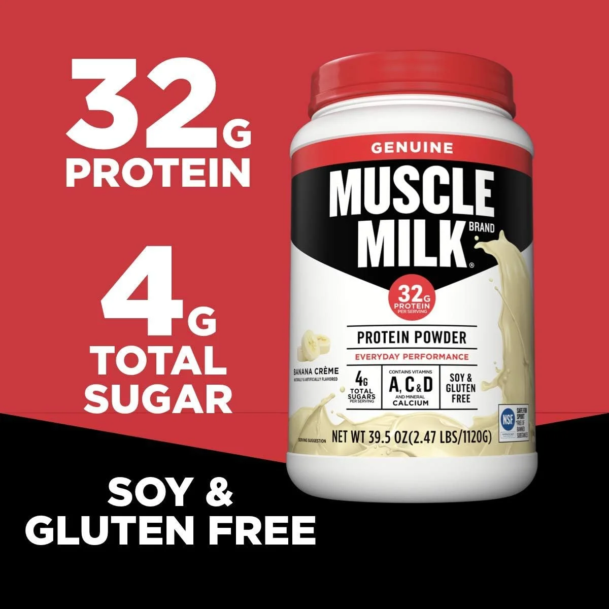 پودر پروتئین اصیل Muscle Milk، کرم موز، 1.12 کیلوگرم، 16 سروینگ، 32 گرم پروتئین، 2 گرم شکر، کلسیم، ویتامین های A، C و D، دارای گواهی NSF برای ورزش، میان وعده انرژی زا، بسته بندی ممکن است متفاوت باشد