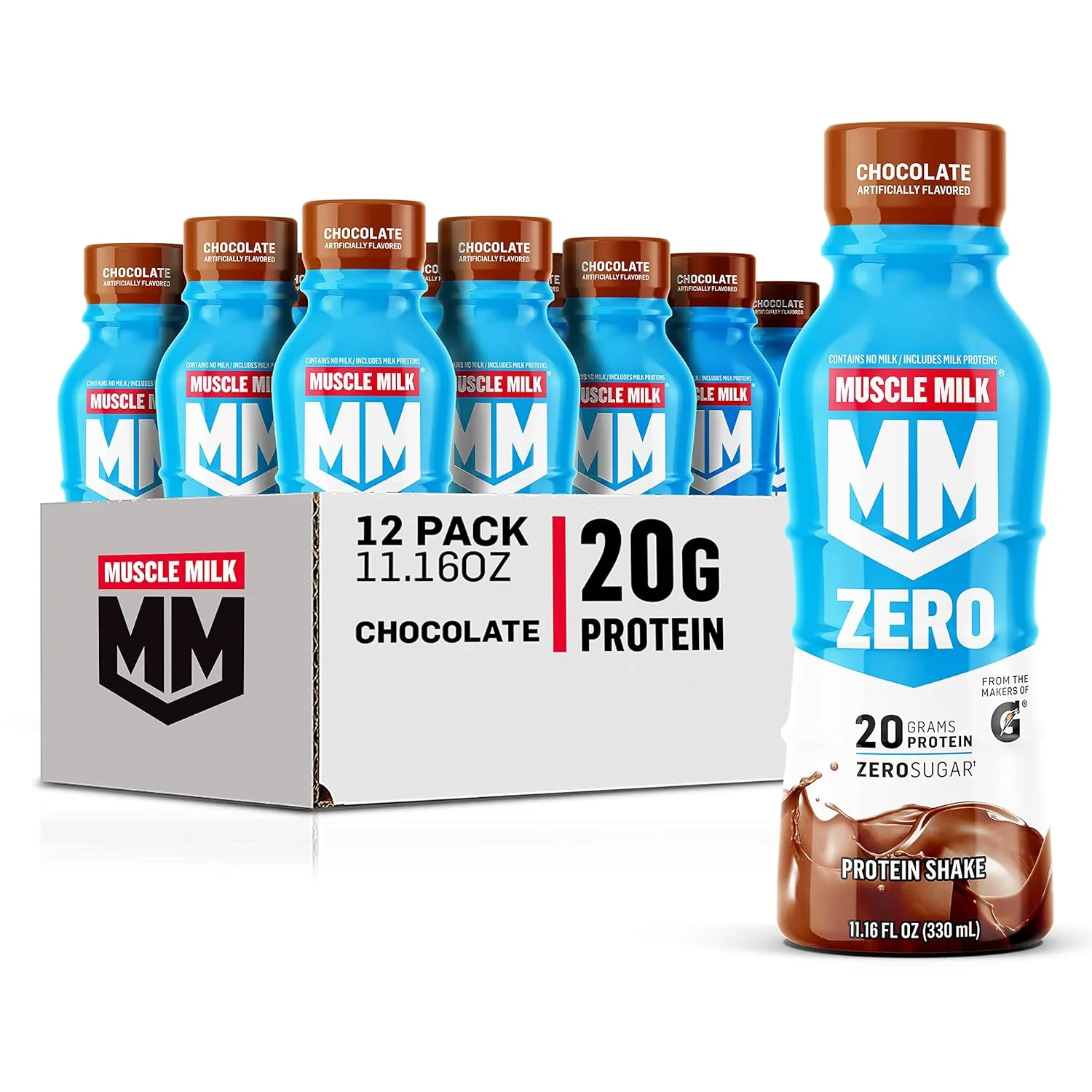 نوشیدنی پروتئینی بدون شکر Muscle Milk Zero، شکلاتی، 20 گرم پروتئین، بدون شکر، 100 کالری، کلسیم، ویتامین های A، C و D، 4 گرم فیبر، میان وعده انرژی زا، ریکاوری بعد از تمرین، بسته بندی ممکن است متفاوت باشد، 330 میلی لیتر (بسته 12 عددی)