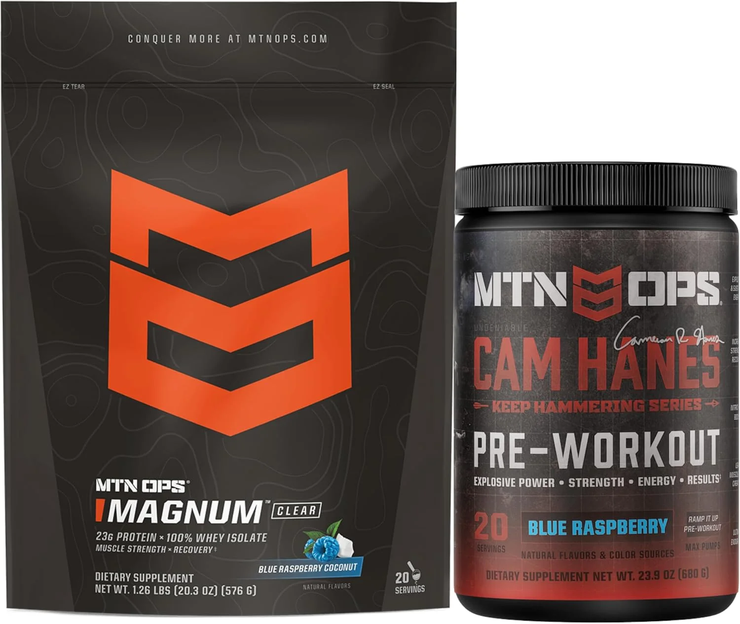 پروتئین شفاف مگنوم MTN OPS با طعم تمشک آبی نارگیل و سری Keep Hammering Cam Hanes قبل از تمرین