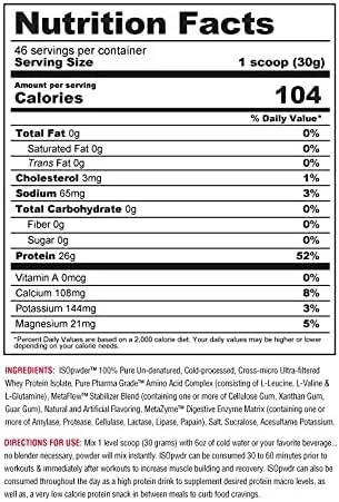 پروتئین وی ایزوله متابولیک نوتریشن ISO PWDR با طعم کاپ کیک شکلاتی، 1.38 کیلوگرم، 23 سروینگ، 26 گرم پروتئین، هضم سریع، بدون کربوهیدرات، طعم لذیذ، کربوهیدرات و چربی بسیار کم، بدون لاکتوز پروتئین وی ایزوله متابولیک نوتریشن ISO PWDR با طعم کاپ کیک شکلاتی، 1.38 کیلوگرم، 23 سروینگ، 26 گرم پروتئین، هضم سریع، بدون کربوهیدرات، طعم لذیذ، کربوهیدرات و چربی بسیار کم، بدون لاکتوز