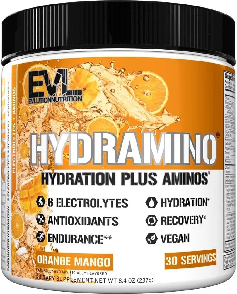 مکمل هیدراتاسیون کامل Evlution Nutrition HYDRAMINO، شامل هر 6 الکترولیت، ویتامین C و B، آمینو اسیدهای تقویت کننده مایعات، آب نارگیل، استقامت، ریکاوری، آنتی اکسیدان، 30 سروینگ، انبه پرتقالی مکمل هیدراتاسیون کامل Evlution Nutrition HYDRAMINO، شامل هر 6 الکترولیت، ویتامین C و B، آمینو اسیدهای تقویت کننده مایعات، آب نارگیل، استقامت، ریکاوری، آنتی اکسیدان، 30 سروینگ، انبه پرتقالی
