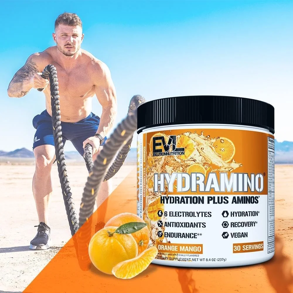 مکمل هیدراتاسیون کامل Evlution Nutrition HYDRAMINO، شامل هر 6 الکترولیت، ویتامین C و B، آمینو اسیدهای تقویت کننده مایعات، آب نارگیل، استقامت، ریکاوری، آنتی اکسیدان، 30 سروینگ، انبه پرتقالی مکمل هیدراتاسیون کامل Evlution Nutrition HYDRAMINO، شامل هر 6 الکترولیت، ویتامین C و B، آمینو اسیدهای تقویت کننده مایعات، آب نارگیل، استقامت، ریکاوری، آنتی اکسیدان، 30 سروینگ، انبه پرتقالی
