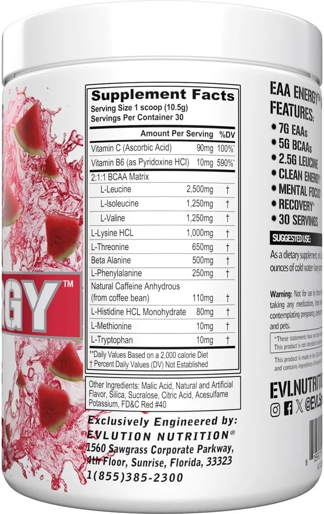 پودر انرژی EAA Evlution Nutrition - مکمل قبل و بعد از تمرین - مکمل عضله سازی و ریکاوری - 7 گرم اسیدهای آمینه ضروری + 5 گرم BCAA - انرژی پاک - با کافئین - 30 سروینگ - طعم هندوانه پودر انرژی EAA Evlution Nutrition - مکمل قبل و بعد از تمرین - مکمل عضله سازی و ریکاوری - 7 گرم اسیدهای آمینه ضروری + 5 گرم BCAA - انرژی پاک - با کافئین - 30 سروینگ - طعم هندوانه