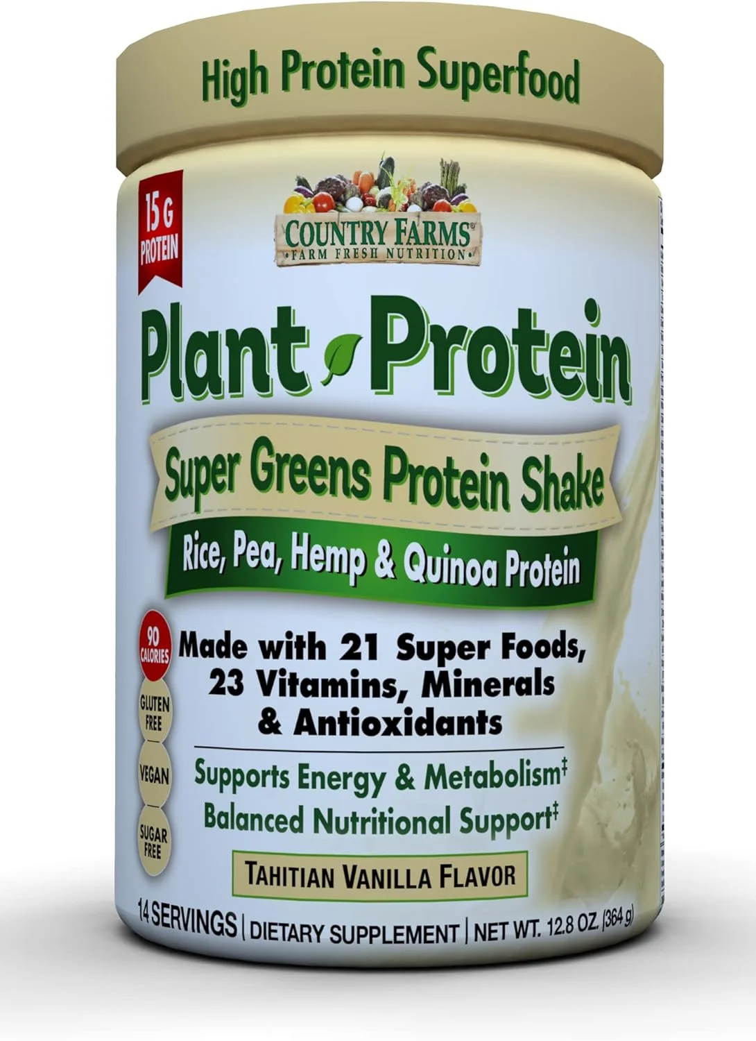 مکمل پروتئین گیاهی سوپر گرینز کانتری فارمز، تهیه شده با 21 سوپر غذا، 23 ویتامین، مواد معدنی و آنتی اکسیدان، پشتیبانی از انرژی و متابولیسم، طعم وانیل، 14 سروینگ مکمل پروتئین گیاهی سوپر گرینز کانتری فارمز، تهیه شده با 21 سوپر غذا، 23 ویتامین، مواد معدنی و آنتی اکسیدان، پشتیبانی از انرژی و متابولیسم، طعم وانیل، 14 سروینگ